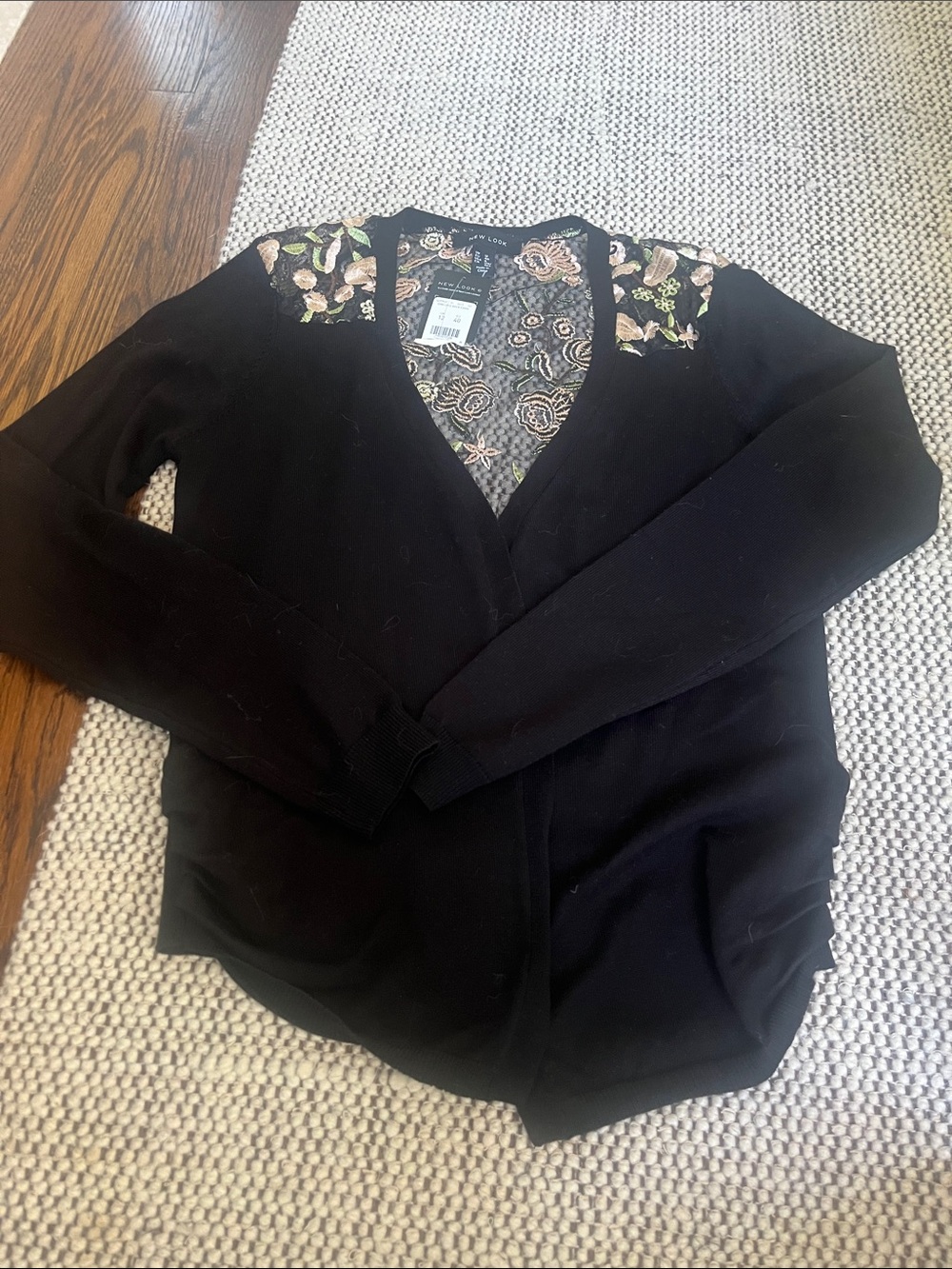 New Look Black V-Neck Cardigan with Floral Shoulder Embroidery